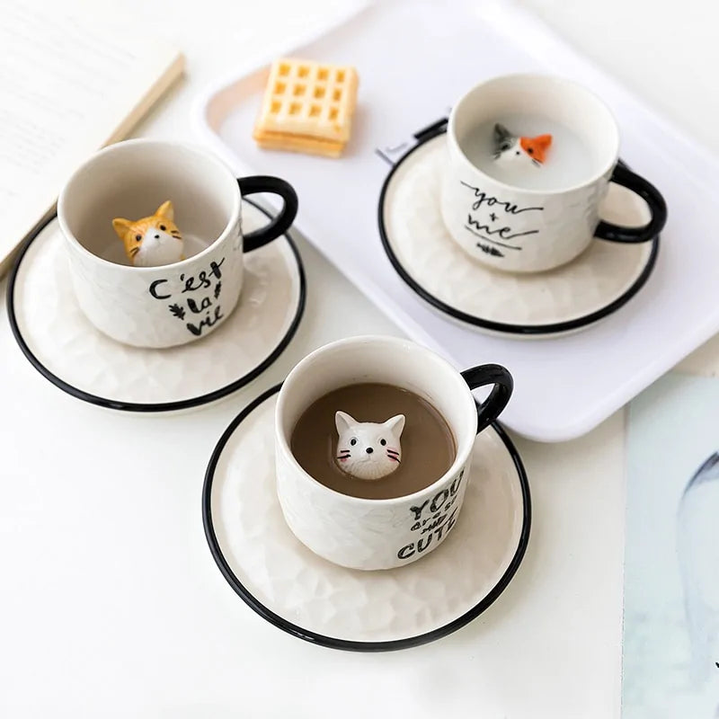 Cute Cat Relief Ceramics Mug