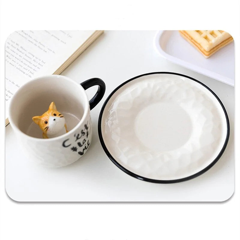 Cute Cat Relief Ceramics Mug